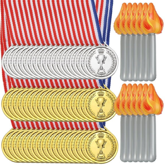 Uxcell 54 Pcs 1.5" Plastic Gold Silver Bronze Medals with Trophy & 12 Pcs Inflatable Torch Props