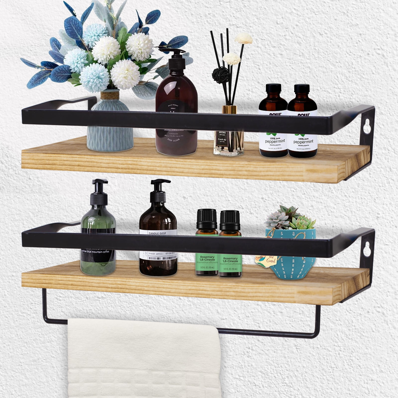 YOYTOO 2 Pack Wall Mounted Floating Shelves with Hooks, Wall Decor Wood