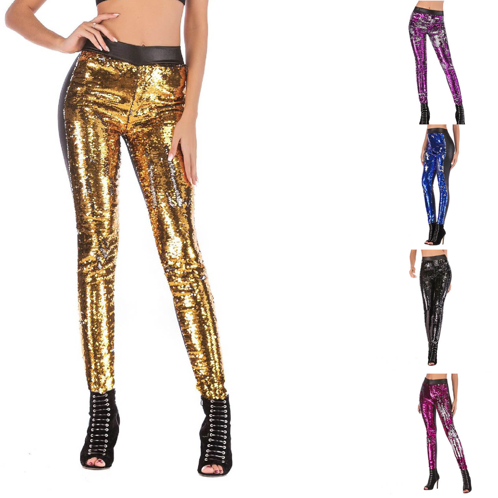 VEKDONE 2023 Clearance Women's Faux Leather Sequin Leggings,Faux