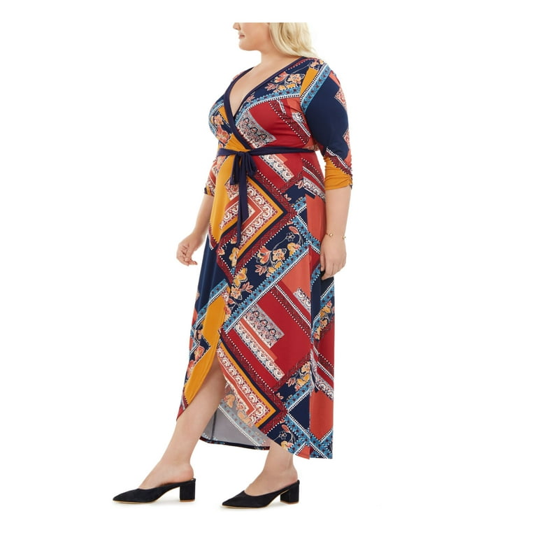 Love Squared Womens Navy Floral 3 4 Sleeve Maxi Wrap Dress Plus Size 3X Women s Size 3XL Blue
