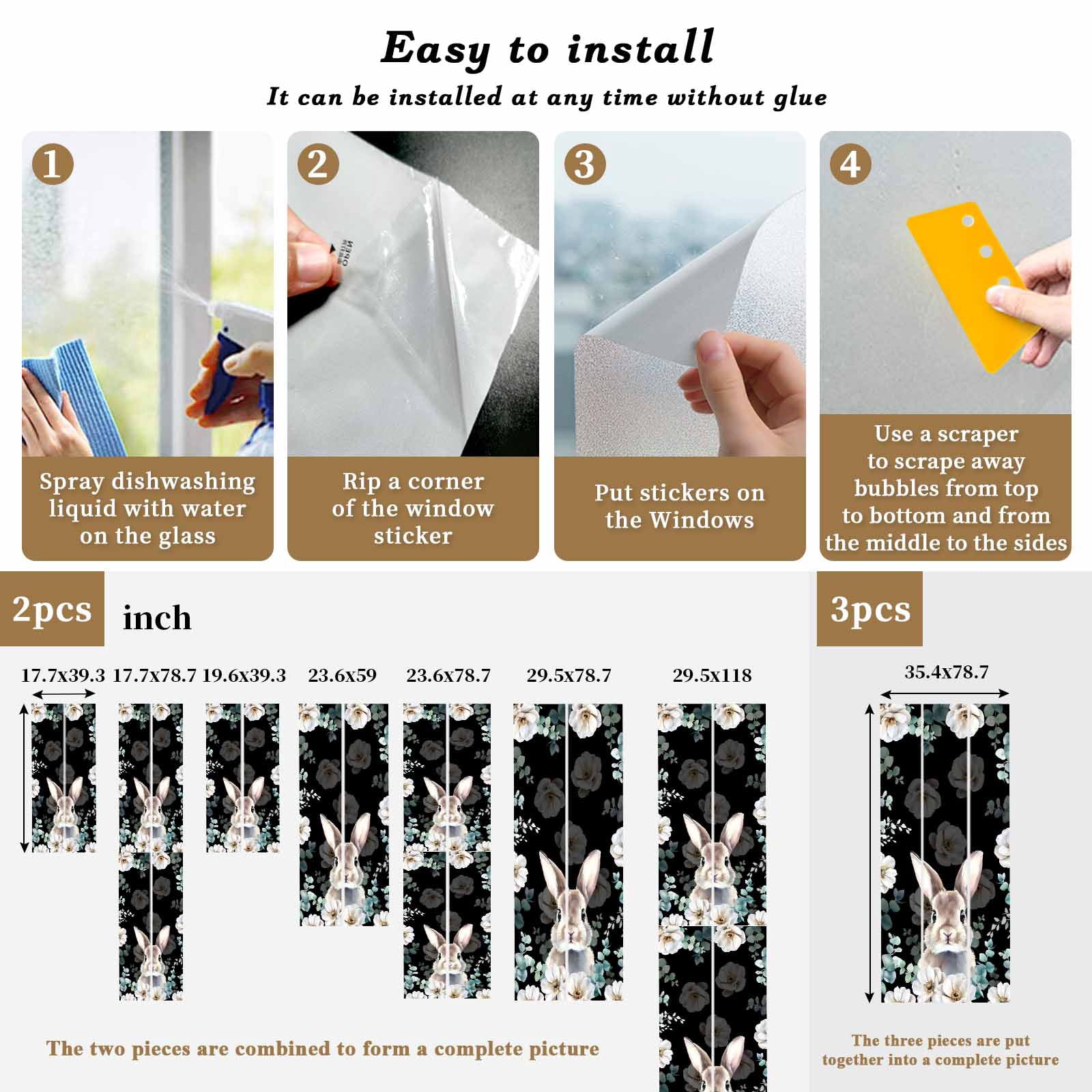 Easter Rabbit Window Privacy Film, Watercolor Bunny White Floral Leaf Black Background Frosted Glass Window Clings Static Cling UV Heat Blocking Reusable Door Sticker for Bathroom 23.6 x 59 Inch