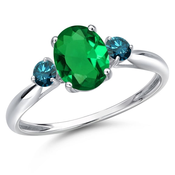 Gem Stone King 10K White Gold Green Nano Emerald and Blue Diamond 3-Stone Ring for Women | 0.95 Cttw | Oval 8X6MM | Gemstone May Birthstone | Size 7