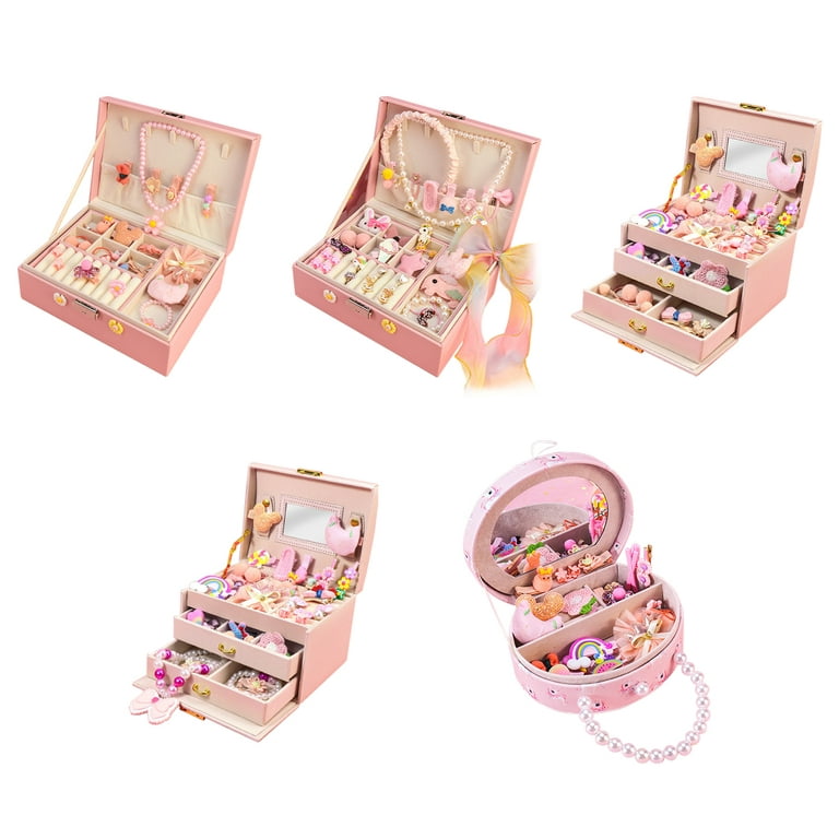 Yinkuu Kids Jewelry Box, PU Leather Made Jewelry Case with 21/32/37 Pieces Little Girls Jewelry Set, 2/3/4Layers Portable Travel Jewelry Case for Earrings