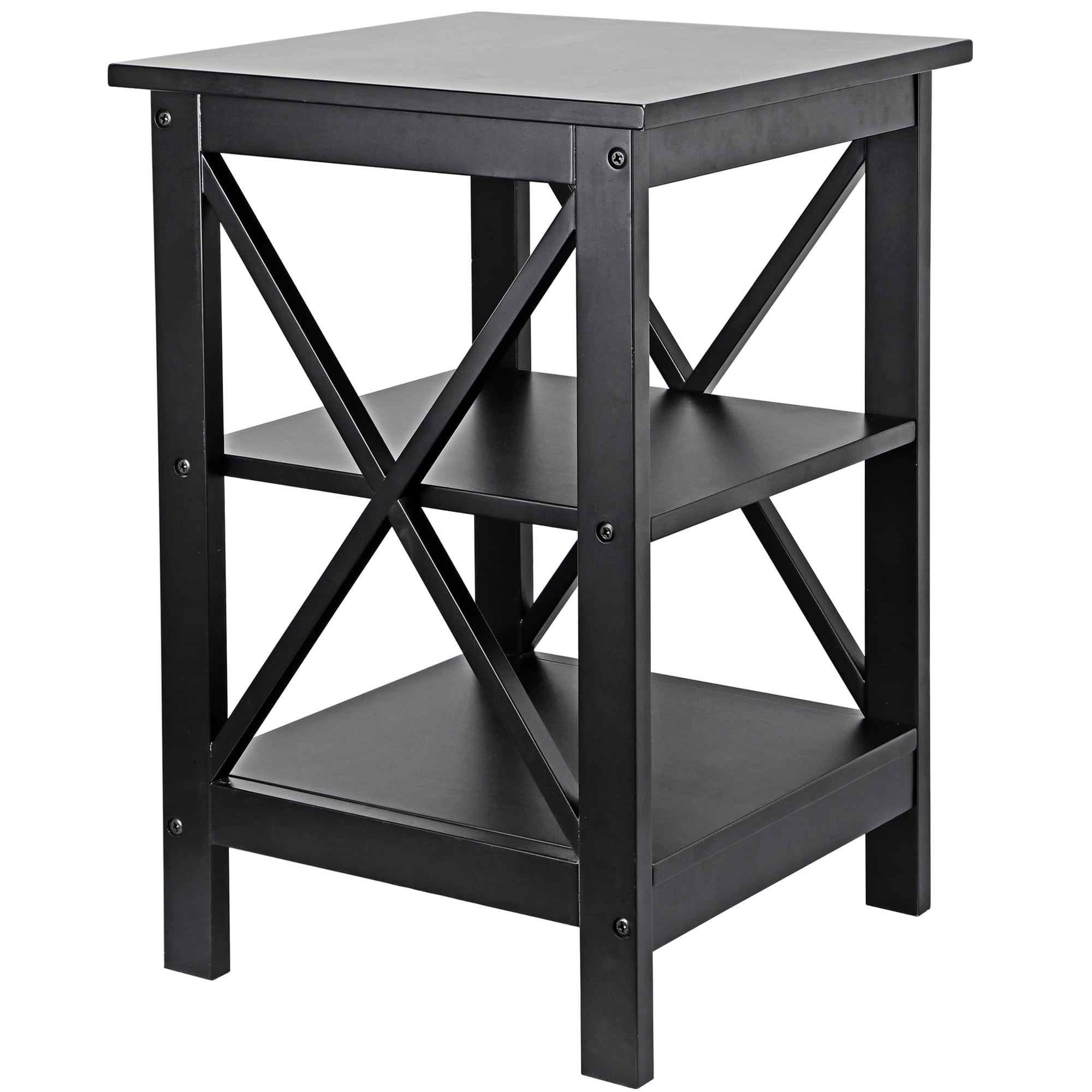 ZENY 3-Tier Square End Table Modern Wood X-Design Side Accent Table with Storage Black
