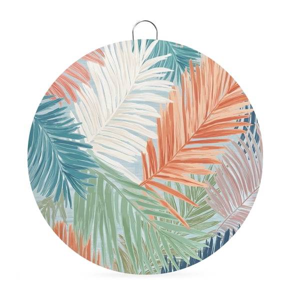 Round Welcome Sign for Front Door, Orange Green Blue Palm Leaves Hanging Metal Farmhouse Wall Decor for Porch Entryway, Summer Tropical Botanical Decoration for Holiday Housewarming Gift, 8 in