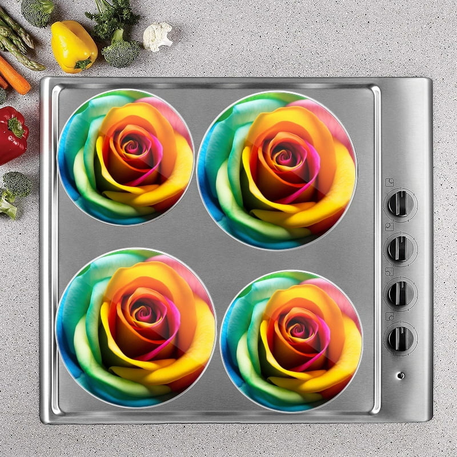 BaHomeck Electric Stove Burner Covers Set of 4,Round Metal Gas Stove Burner Covers 8 Inch and 10 Inch,Kitchen Decor,Close-Up Of Rainbow Rose With Vibrant Colors