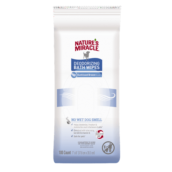 Nature’s Miracle Deodorizing Bath Wipes for Dogs, Sunkissed Breeze Scent, 100 Count