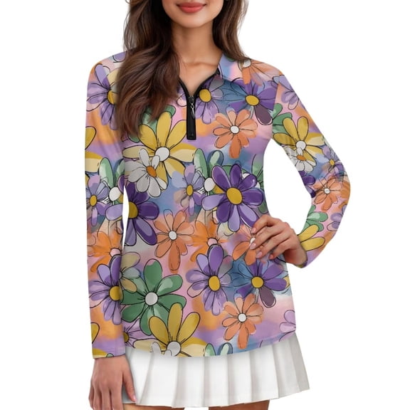 Pzuqiu Colorful Flower Golf Clothes for Women Size XS Comfortable Long Sleeve Sport Shirts with Collar Shirt Lightweight Athletic Outfits Activewear for Daily Casual Wear
