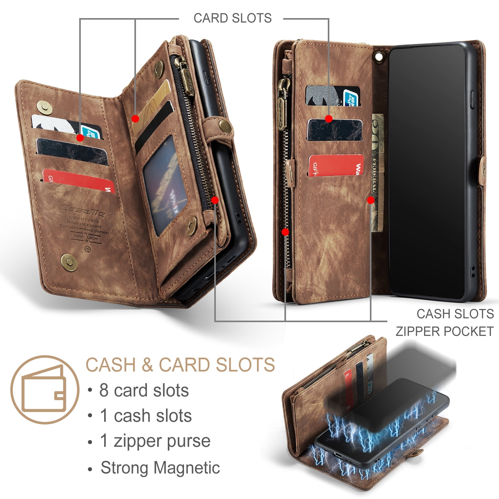 For Samsung Galaxy S10 Wallet Case,Multi-Functional Retro Leather Purse Flip Cover Zipper Wallet Case with Removable Card Slots Pocket & Detachable Wrist Strap Magnetic Phone Case, Darkbrown