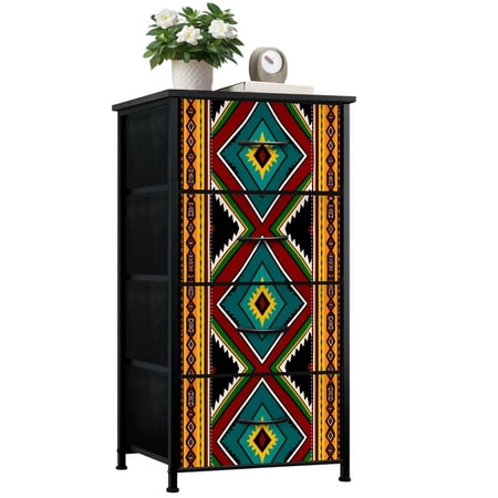 Dresser for Bedroom with 4 Storage Drawers Geometric Tribal Vibrant Red Green Blue Diamonds traditional Dressers Chest of Drawers Steel Framed Fabric Closet Organizers for Dorm End Table