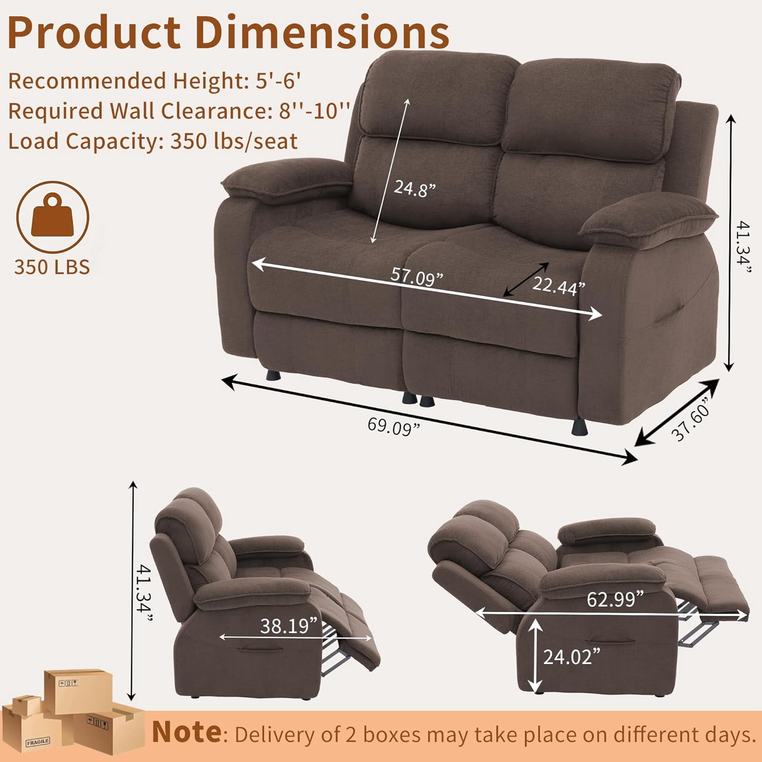 Electric Reclining Loveseat Sofa with 8-Point Vibration Massage, Bluetooth Speakers, Storage Console and Cup Holders for Living Room & Home Theater (Brown, Loveseat with Console)