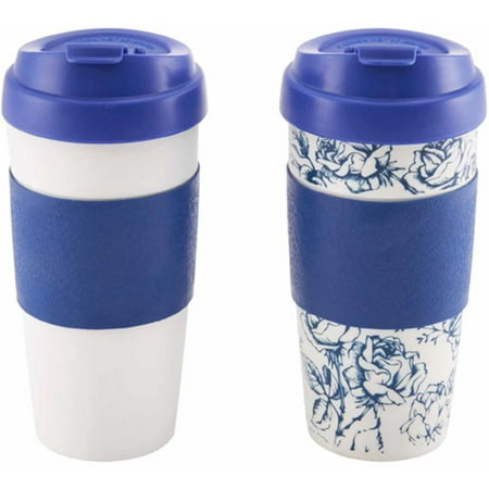 Design for Living 16-ounce Mug, Blue and Sketch Flower Pattern, Set of 2