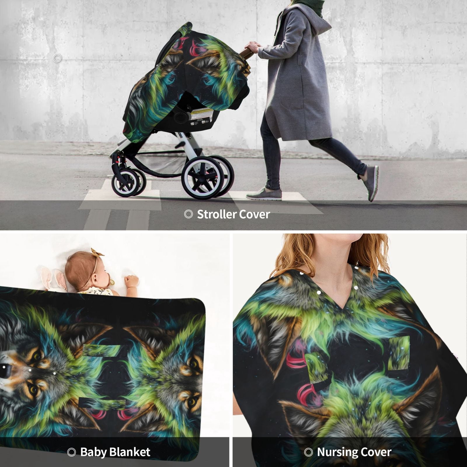 Car Seat Cover Baby - Realistic Style Colorful Wolf Breathable Infant Car Seat Cover for Baby Carseat, Lightweight Comfort Baby Essentials Must Haves Newborn Stuff for Girl Boy