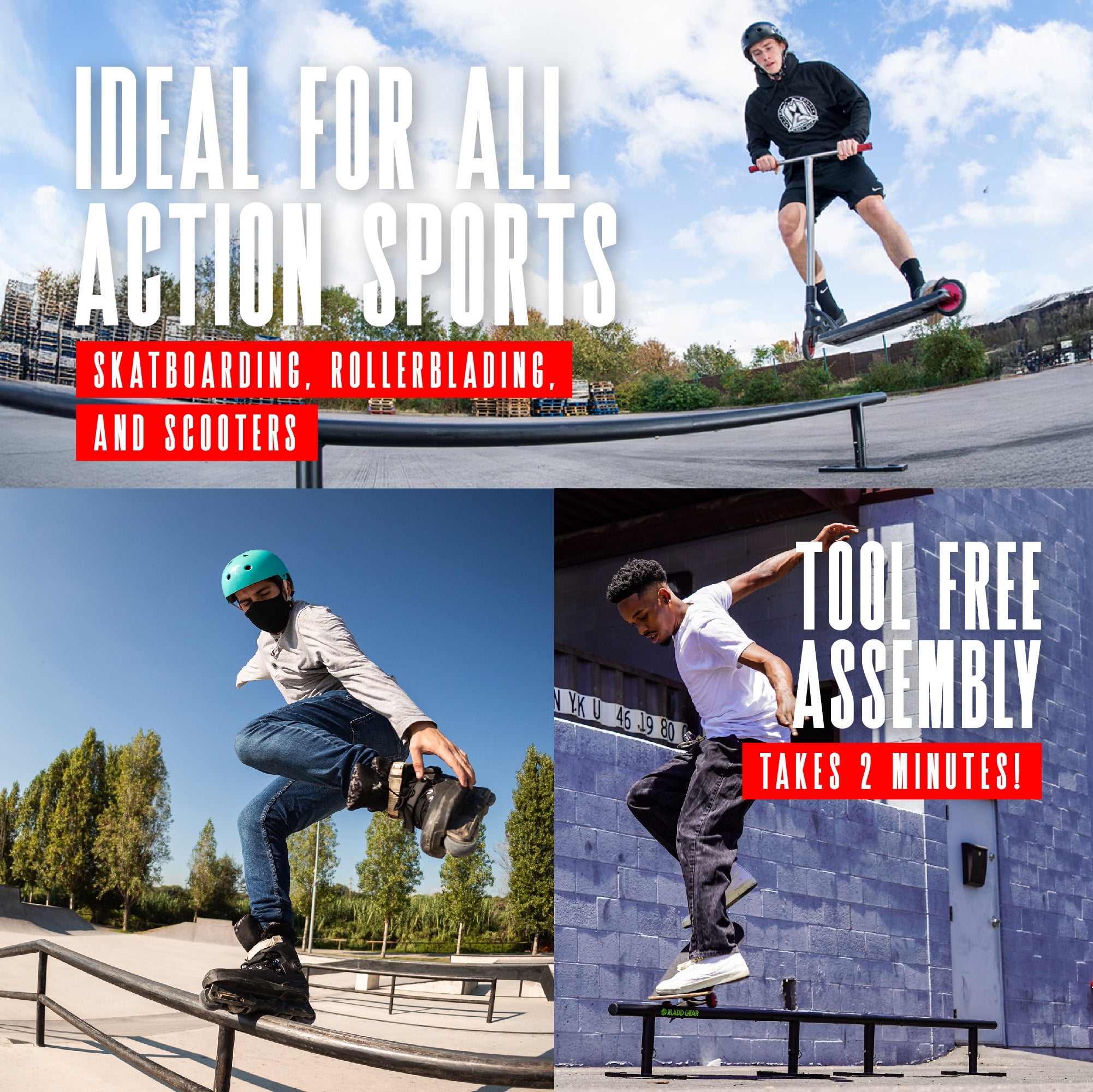 Madd Gear Grind Rail - 99" Long - 3-Step Adjustable Height - Extra Stability Practice Skate Rail
