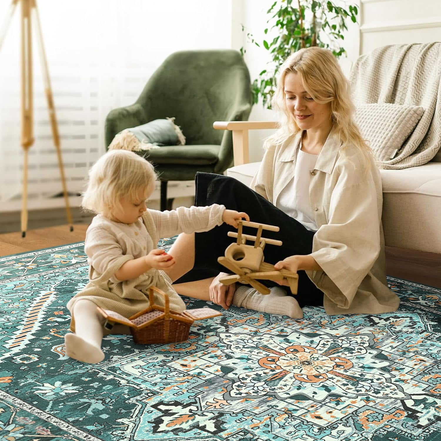Dwelke Vintage Area Rug Floral Rugs Soft Bedroom Carpet for Living Room Home Decor,6'x9',Green