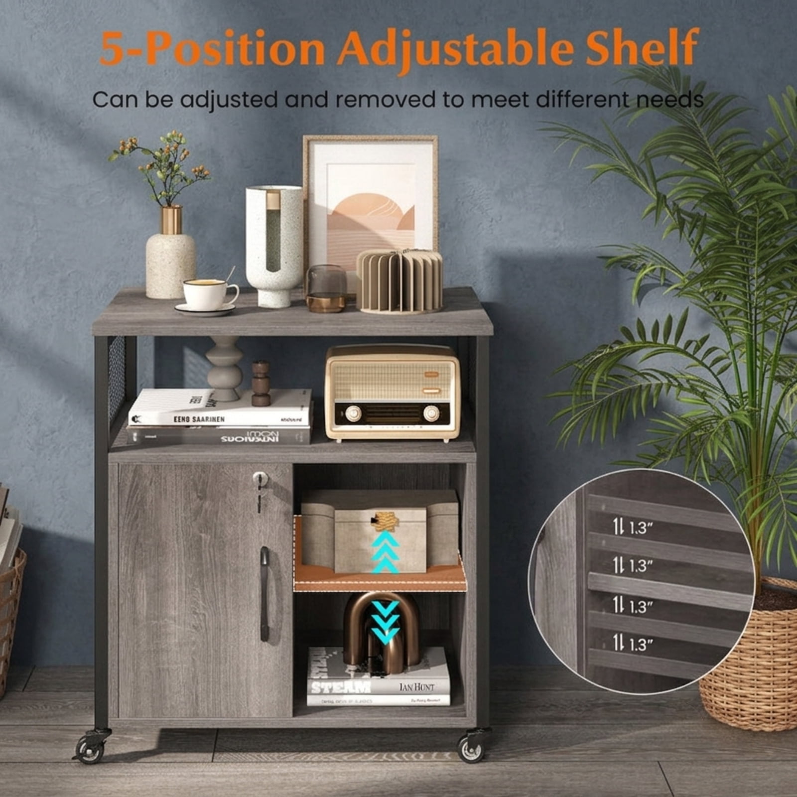 Furnibear Mobile File Cabinet on Wheels with Charging Station USB Ports and Lockable Office Storage Cabinet for Home Office and Study, Gray