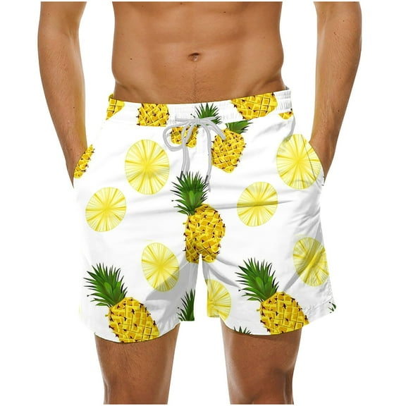 LYEAA Men's Swim Board Shorts Elastic Waist Summer Beach Big Trunks Hawaiian Colorful Pineapple Print Drawstring Surf Shorts Casual Athletic Fashion Comfortable Swimwear with Pockets White 3XL