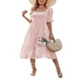 thumbnail image 4 of Women Shirred Ruffle Long Flounce Sleeve Mini A Line Dress Square Neck High Waist Short Dresses, 4 of 6