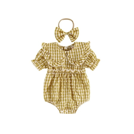 

Gwiyeopda Newborn Baby Girls Summer 2PCS Casual Romper Short Sleeve Plaid Playsuit + Bow Headband Suit Sets