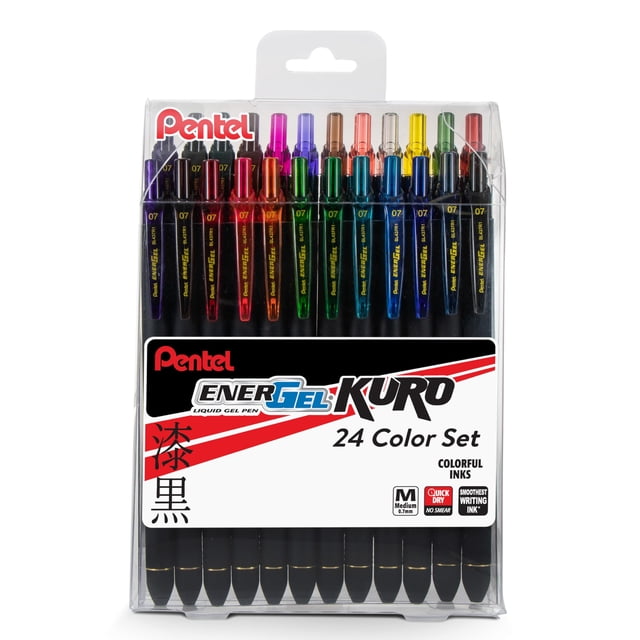 Bolígrafo de Gel Líquido Pentel EnerGel Kuro, línea media (0.7 mm), tinta surtida, paquete de 24