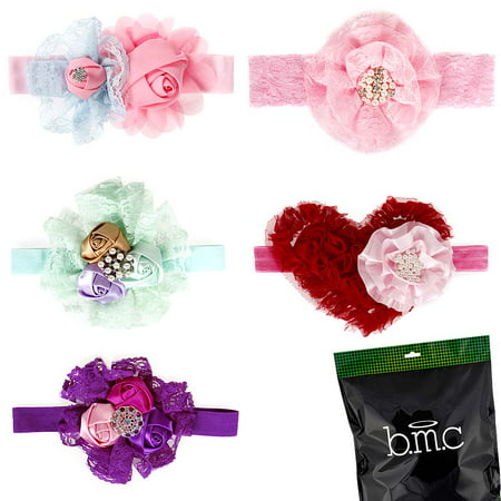 Bunde Monster 5pc Handmade Lace Flowers Elastic Baby Headbands - Mixed Variety