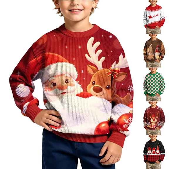 Frostluinai Kids Merry Christmas Sweaters 5-16 Years Boys Santa Graphic Knit Pullover Tops Crew Neck Long Sleeve Oversized Sweater