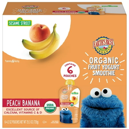 (6 Pack) Earth's Best Organic Sesame Street Toddler Fruit Yogurt Smoothie, Peach Banana, 4.2 oz.