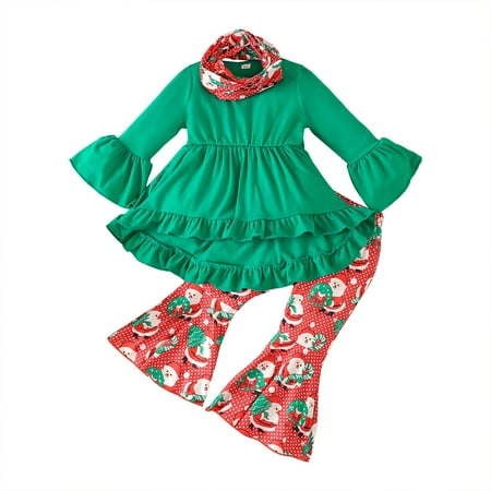 

UACY Toddler Girl s Clothes Outfits 3pc Set Long Sleeve Ruffle Hem Top Cartoon Print Flared Pants With Matching Bib Christmas Girl s Outfit