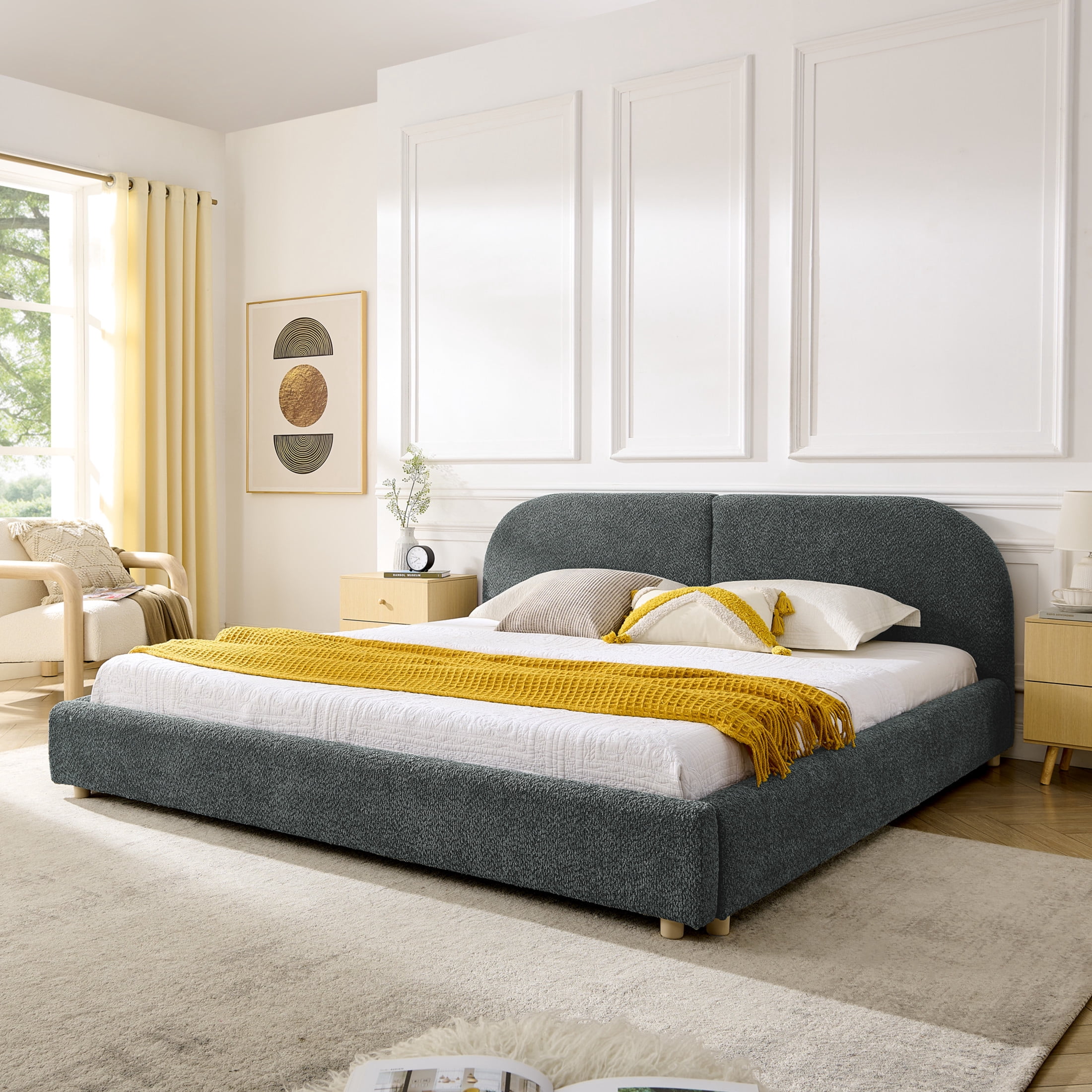 Noble House Roland King Size Yarn Upholstered Bed Frame, Tall Curved Headboard Platform Bed, Sturdy Support, Dark Gray