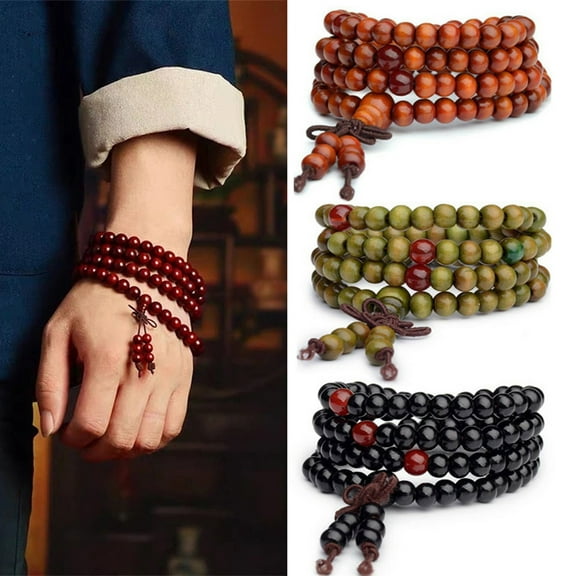 Hyasfey Bracelet Wooden Bead Bracelet Stress Relief Fake Sandalwood Buddhist Buddha 4-Layer Wrist Chain Men Women Bracelet Bangles