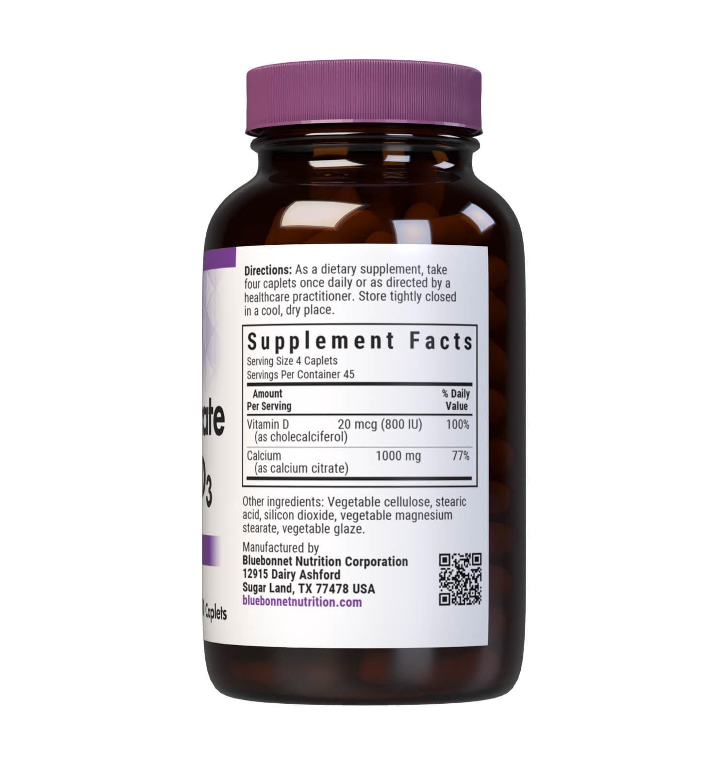 Bluebonnet Calcium Citrate 1000mg + Vitamin D3 Bone, Strength & Immune Support*, 180 Caps