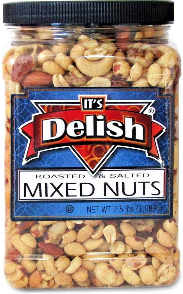 Roasted and Salted Mixed Nuts with Peanuts  with Sea Salt by Its Delish, 2.5 LBS Jumbo Reusable Container - Bulk Style, Fresh, Kosher, Crunchy & Delicious