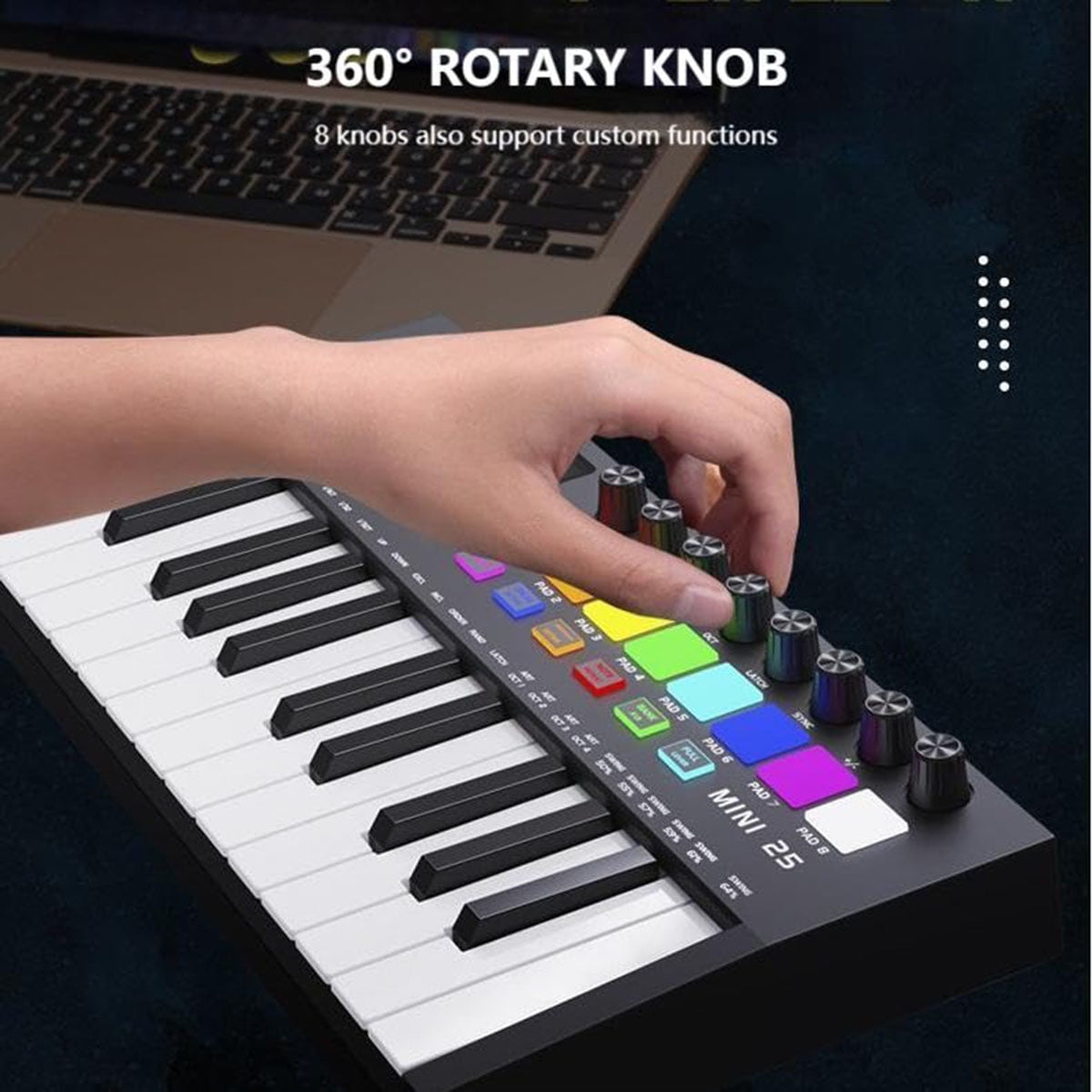Ataucjin 25 Key MIDI Keyboard Controller with DAW Integration, USB MIDI Keyboard Controller with 8 Drum Pads, 8 Knobs & OLED Display, Compact, Perfect for Music Production