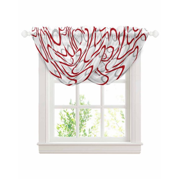 Red Grey Geometric Sheer Waterfall Valance Curtains for Window, Abstract Modern Twisted Lines Art Rod Pocket Sheer Topper Swag Curtains for Living Room, Kitchen 38.5"W x 47.2"L, 2 Panels