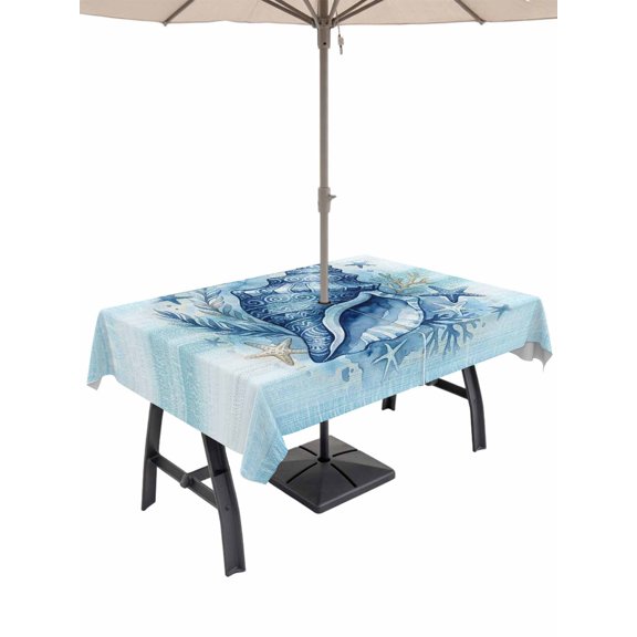 Outdoor Tablecloth with Umbrella Hole for Patio/Picnic/Party/Camping, Summer Ocean Waterproof Table Cloth Rectangle Table Cover Washable, Nautical Coastal Conch Starfish Coral Ombre Blue (54"x 80")