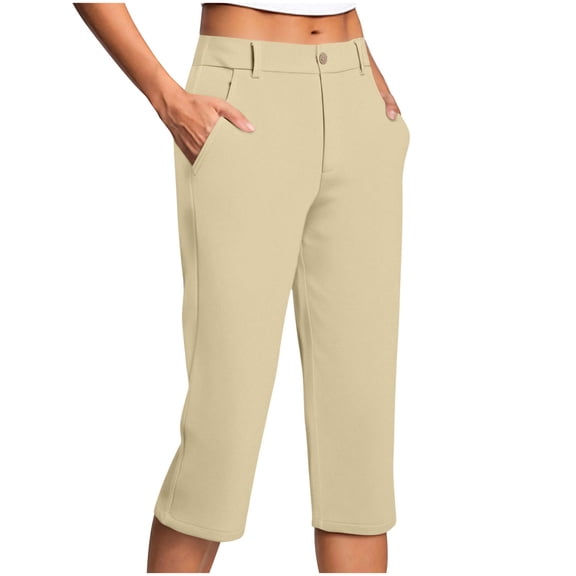 SAHFX Women Capri Pants Button Stretch Pants with Pockets Quick Dry Pull on Gym Workout Yoga Shorts Summer Casual Work Golf Slacks Straight Leg High Elastic Waisted Pants Beige L