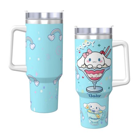 

Cinnamoroll pattern water bottle Stainless Steel Double Wall Vacuum Insulated Travel Tumbler，With Handle And Straw Insulated Coffee Mug Thermal Cup With Lid，40oz Holiday gift