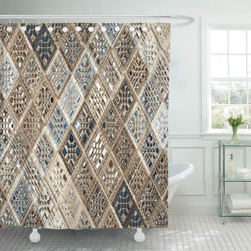 CYNLON Gray Argyle Slate Blue Brown Sari Mosaic Pattern Tan Bathroom