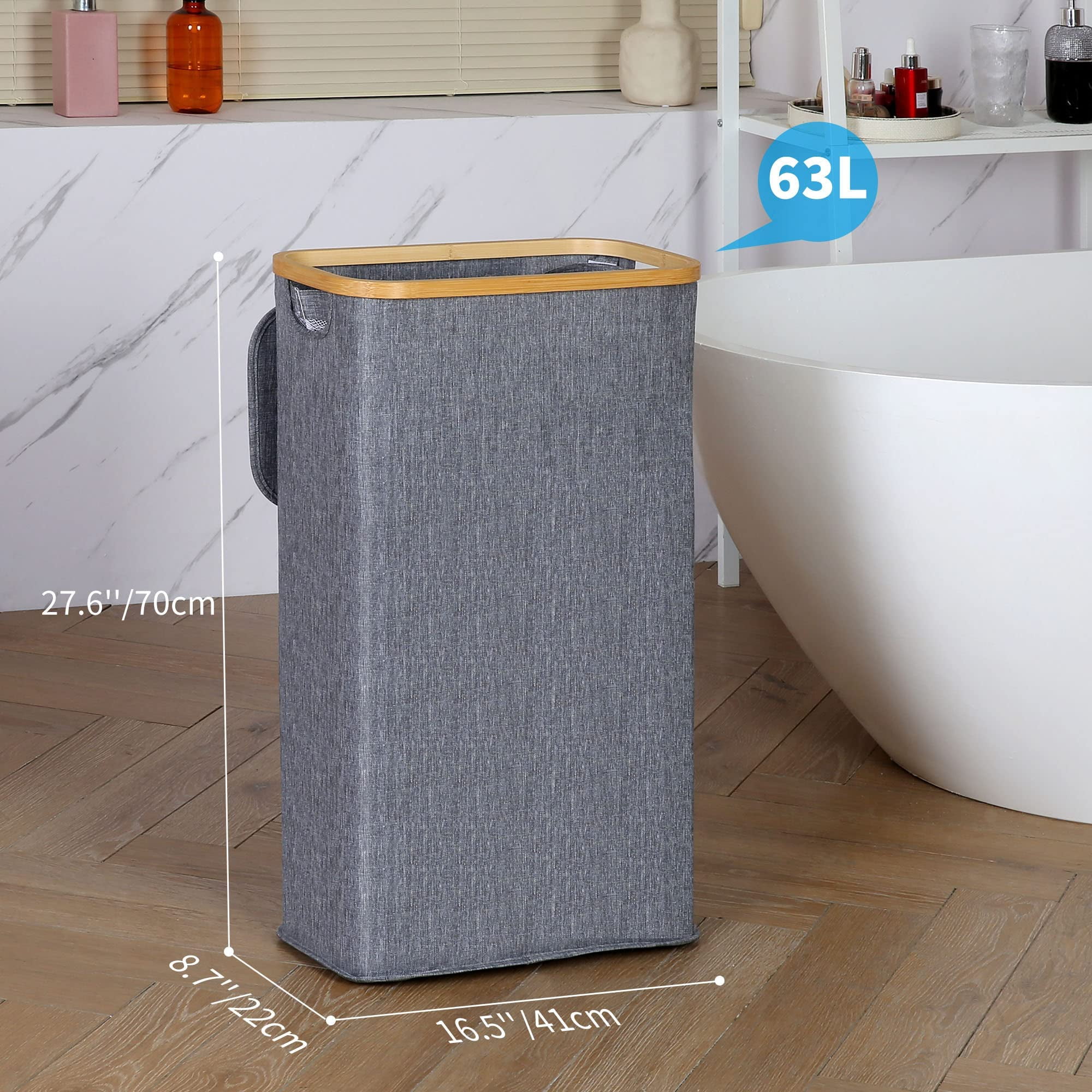 Efluky Slim Laundry Basket with Lid,63L Narrow Laundry Hamper with Removable Bag, Skinny Dirty Clothes Basket with Bamboo Handles for Bathroom, Bedroom & Laundry Room,Blue Grey