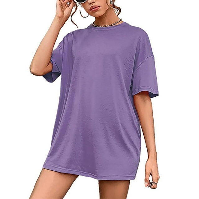 fatyb Robe T-Shirt à Manches Courtes Surdimensionnée pour Femme, Décontractée, Col Ras du Cou, Couleur Unie, Coupe Ample, Mini Robes