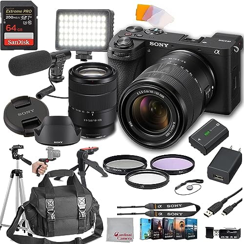 Sony a6700 Mirrorless Camera with 18-135mm Lens 64GB Extreem Speed Memory,Videl Microphone, LED Video Light, Case. Tripod, Filters, Hood, Grip, & Professional Video & Photo Editing Software Kit