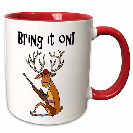 3dRose Cute Funny Buck Deer with Hunting Rifle Bring it on Cartoon - Two Tone Red Mug,