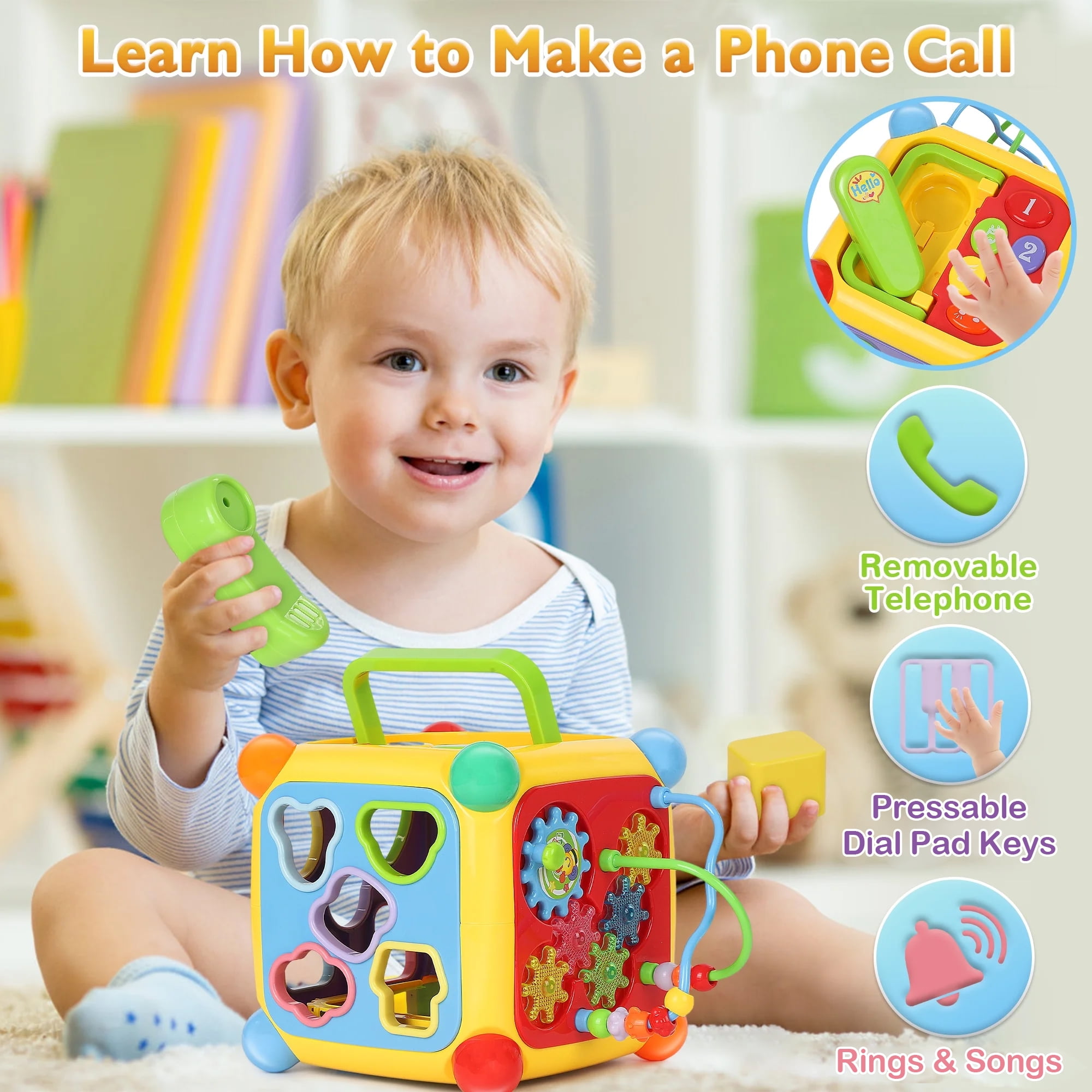 Aikidkit 6-in-1 Baby Activity Cube with Music, Montessori Learning Toys for Toddlers Kids 10-36 Months, for Birthday Christmas Baby Shower Gifts, Colorful