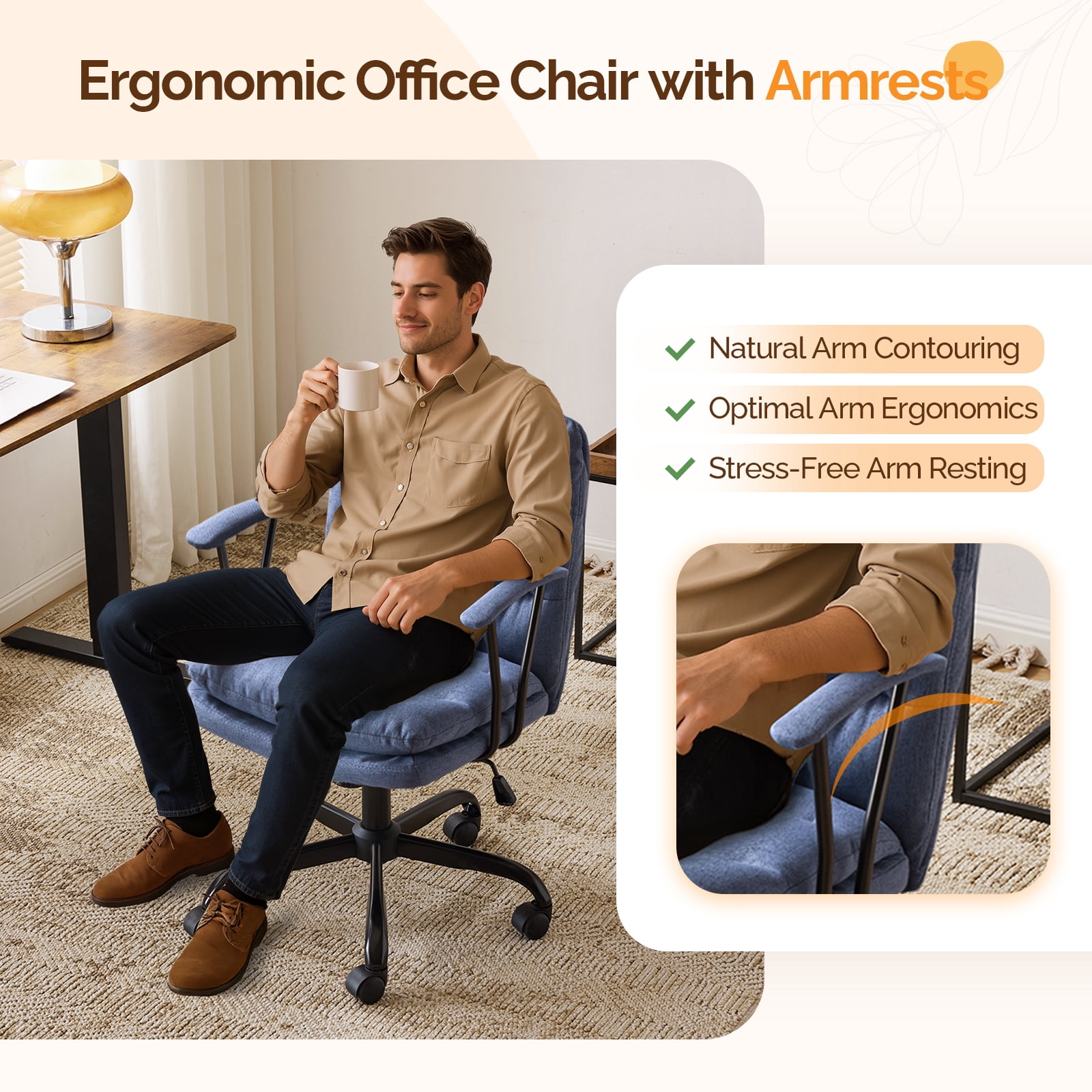 Ktaxon Office Chair with Armrests, Linen Fabric Desk Chair with Wheels, Swivel Task Chair for Study Room or Dressing Vanity Area Blue