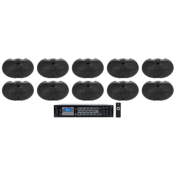 Rockville 6-Zone Amplifier 10 Black Dual 4" 70v Wall Speakers For Restaurant/Bar