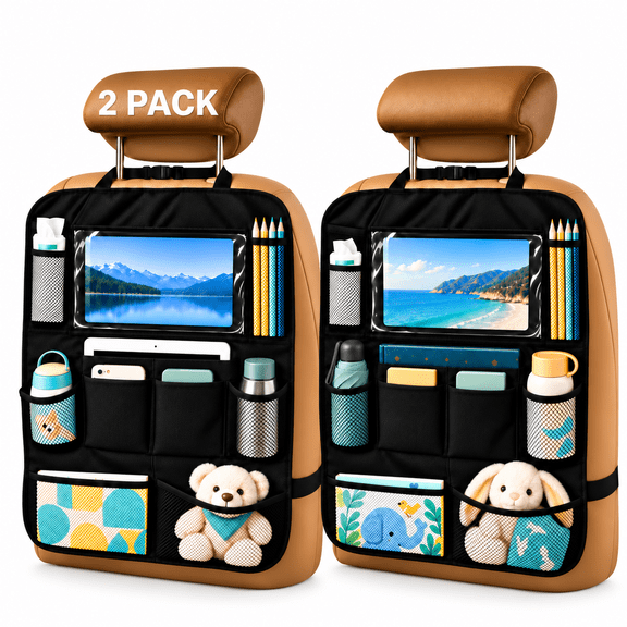 Troxlin 2-Pack 24"x16" Backseat Car Organizer with 10" Tablet Holder & 9 Pockets - Waterproof Kick Mats