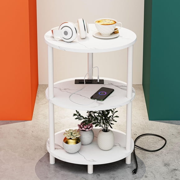 Mesa auxiliar RISWER pequeña redonda de madera ovalada de 3 niveles con puertos USB