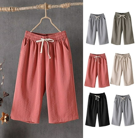 GXIPO Womens Casual Loose Elastic Waist Cotton Trouser Cropped Wide Leg Pants Black XL