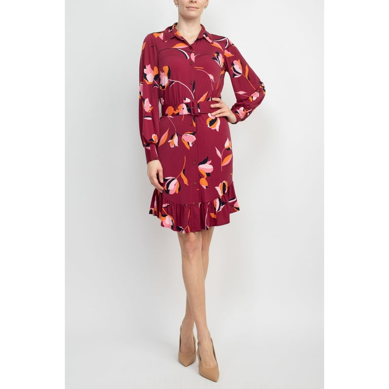 London Times Collared Button Down Elastic Cuff Long Sleeve Belted ITY Dress RED 8 Walmart