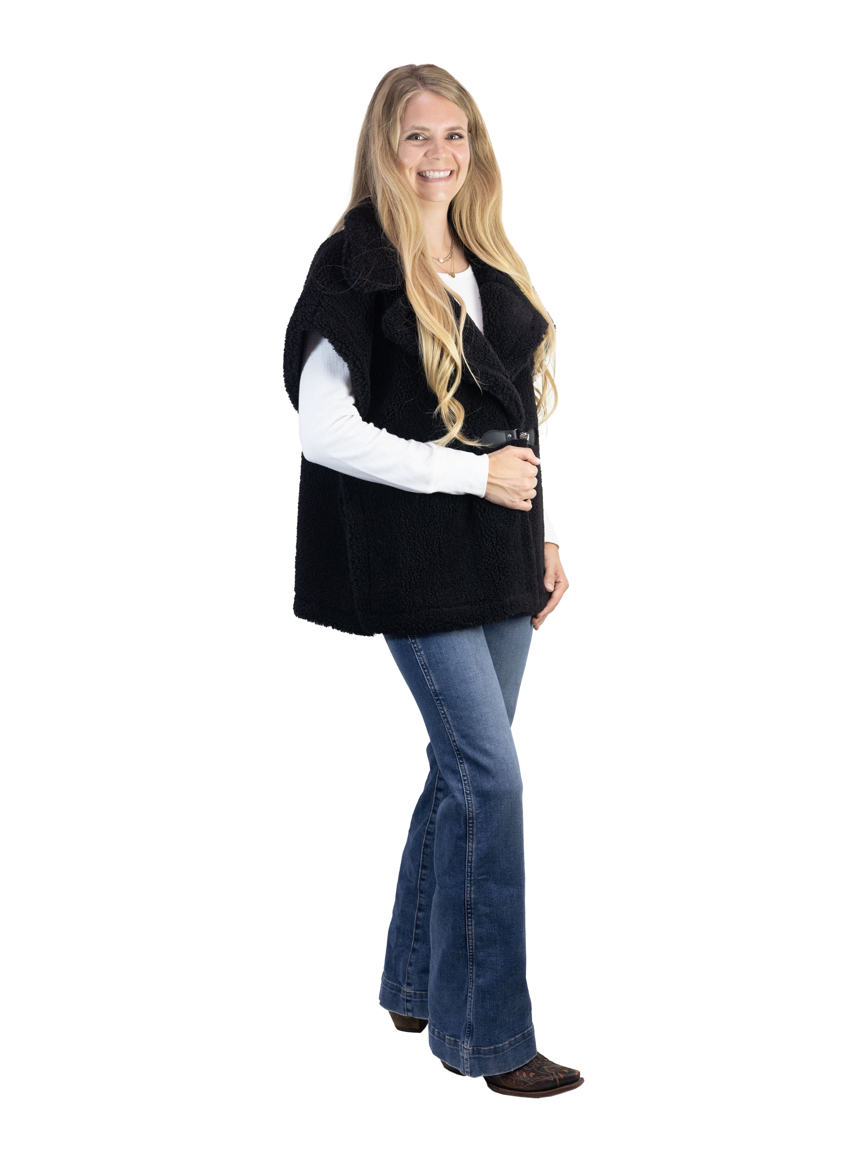 Time and Tru Womens Faux Shearling Vest, Black